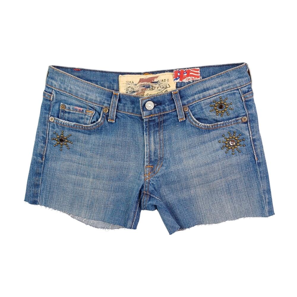 7 For All Mankind Light Blue Denim Jean Shorts with Stud Embellishments